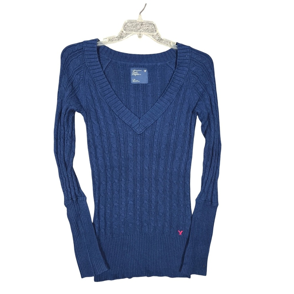 American Eagle Y2K Cable Knit Sweater Large Blue V-Neck Long Sleeve Bella